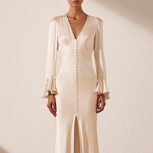 LA LUNE FRILL CUFF BIAS MIDI DRESS - CREAM